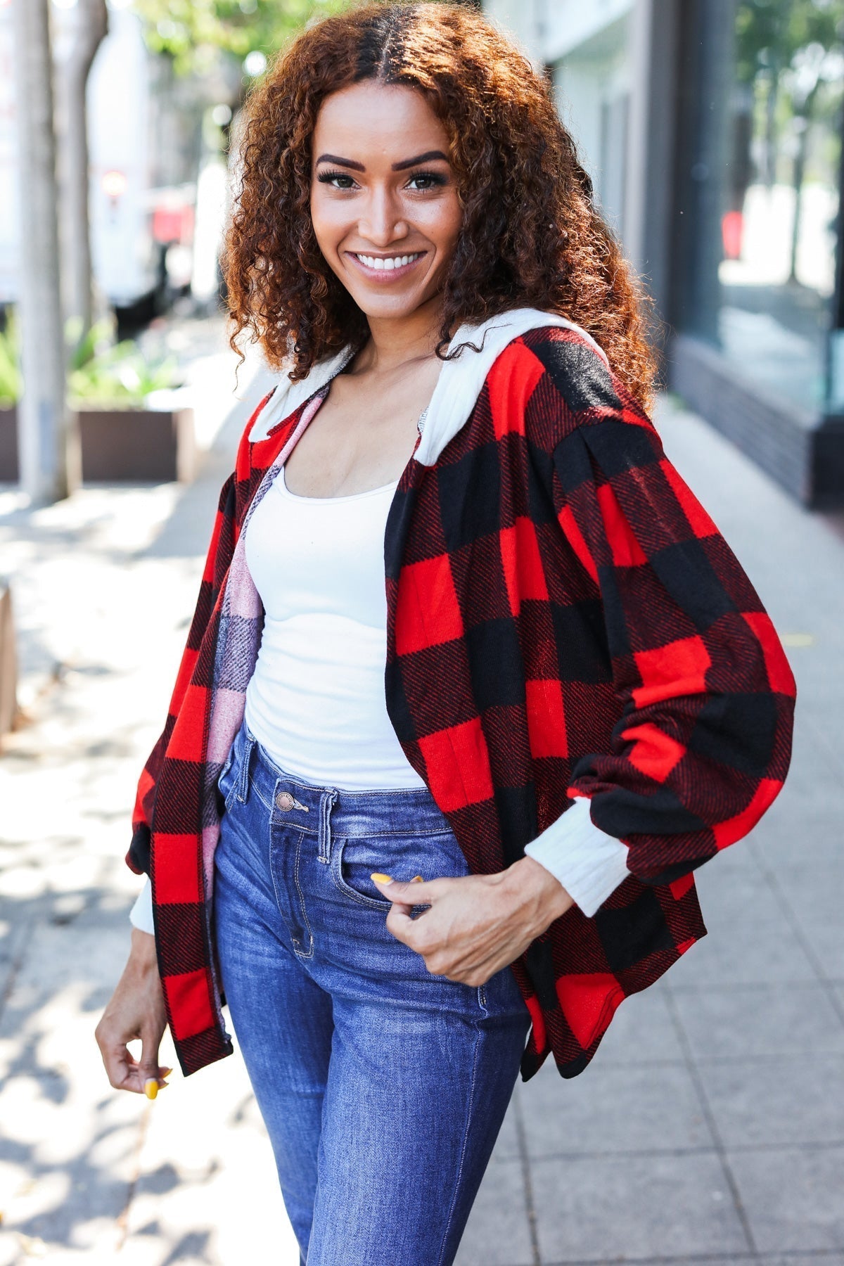 Sonia | Red buffalo check ribbed hoodie from Stepping Out