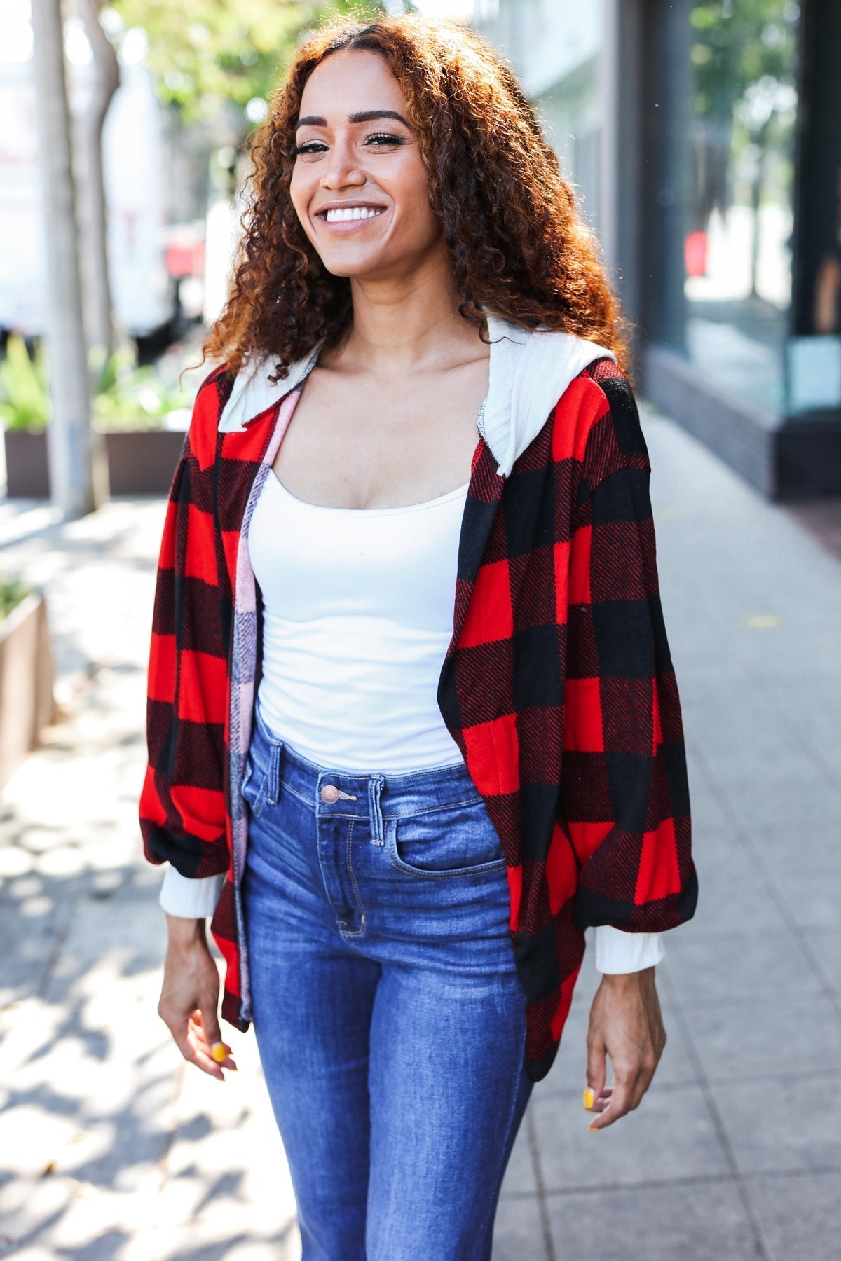 Sonia | Red buffalo check ribbed hoodie from Stepping Out