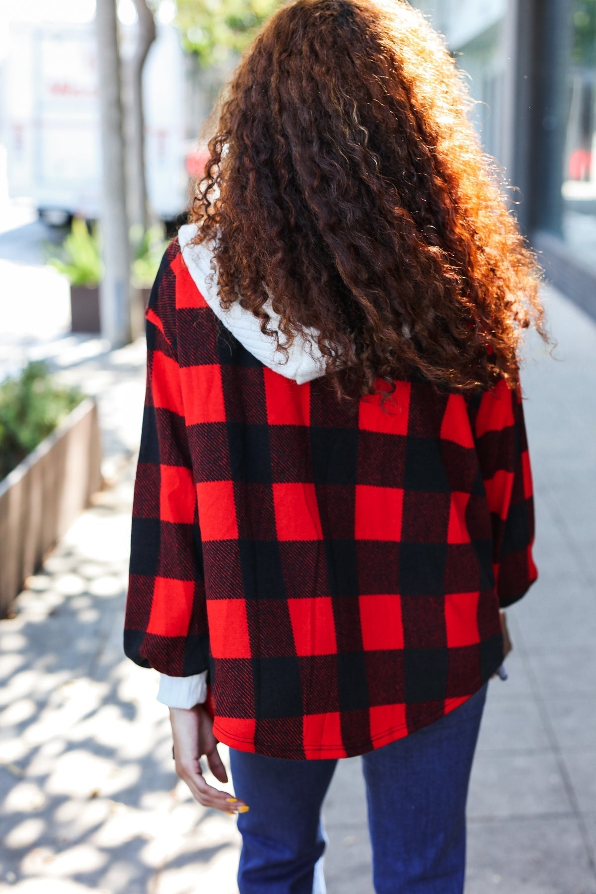 Sonia | Red buffalo check ribbed hoodie from Stepping Out
