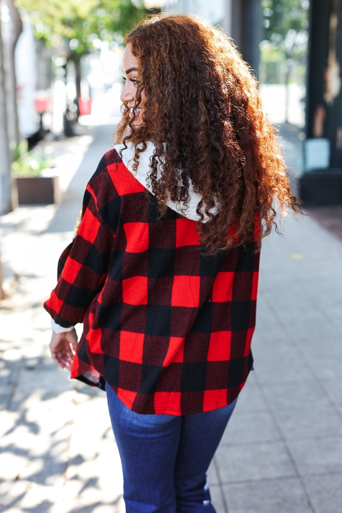 Sonia | Red buffalo check ribbed hoodie from Stepping Out