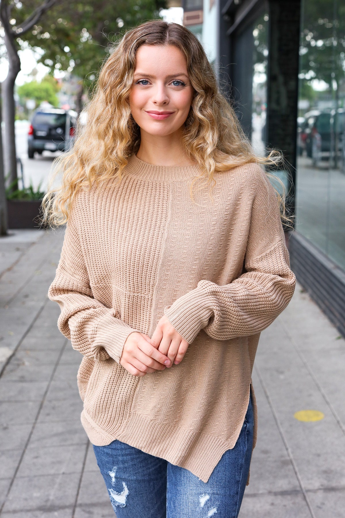 Carolin | Asymmetrical knitted sweater in taupe from Autumn Vibes
