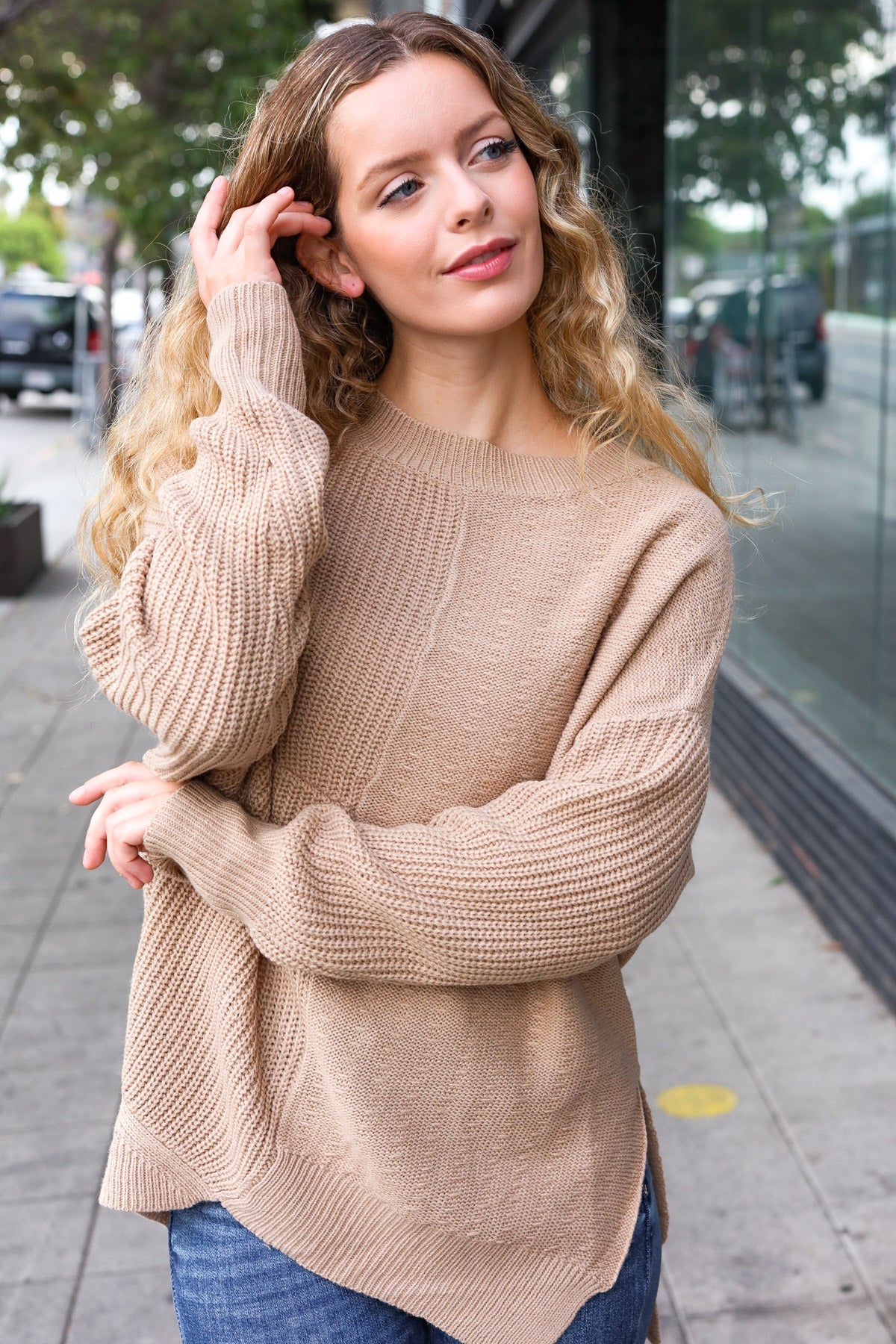 Carolin | Asymmetrical knitted sweater in taupe from Autumn Vibes