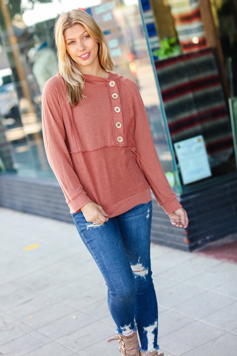 Elsa | Rust colored princess hoodie with line-out seam and button placket