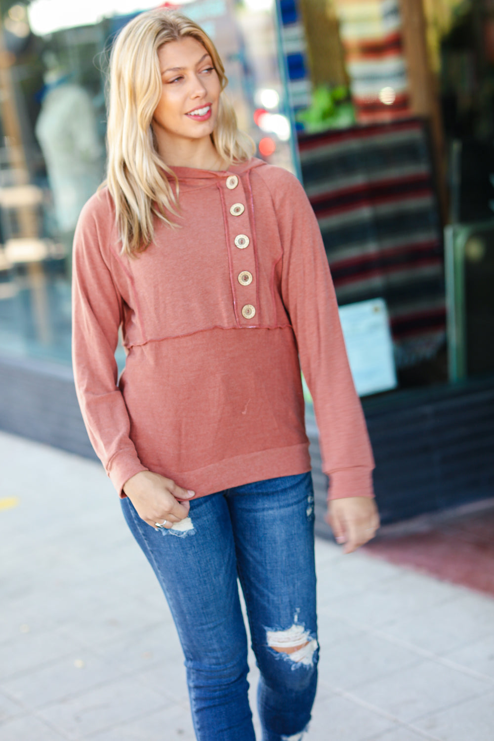 Elsa | Rust colored princess hoodie with line-out seam and button placket
