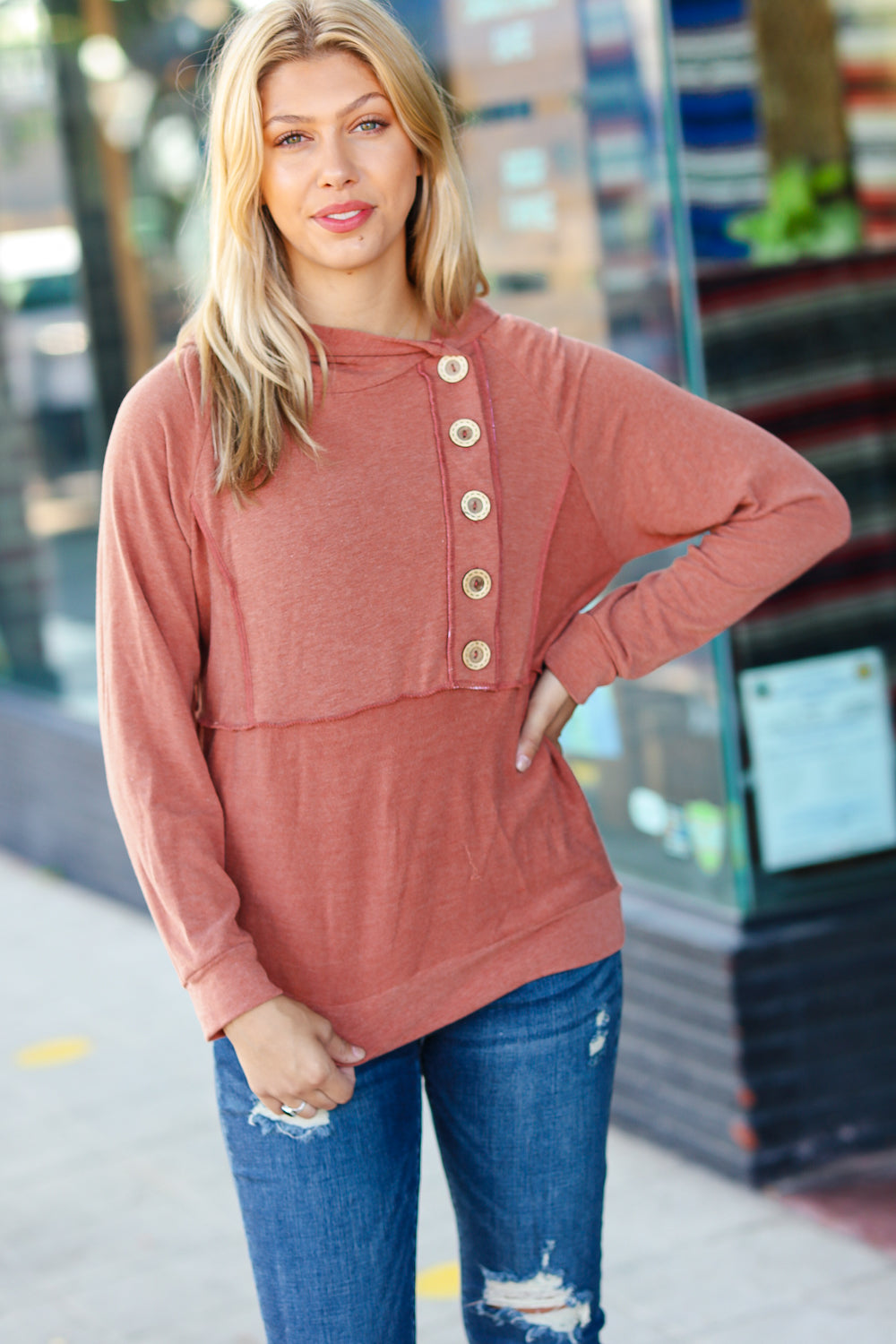 Elsa | Rust colored princess hoodie with line-out seam and button placket
