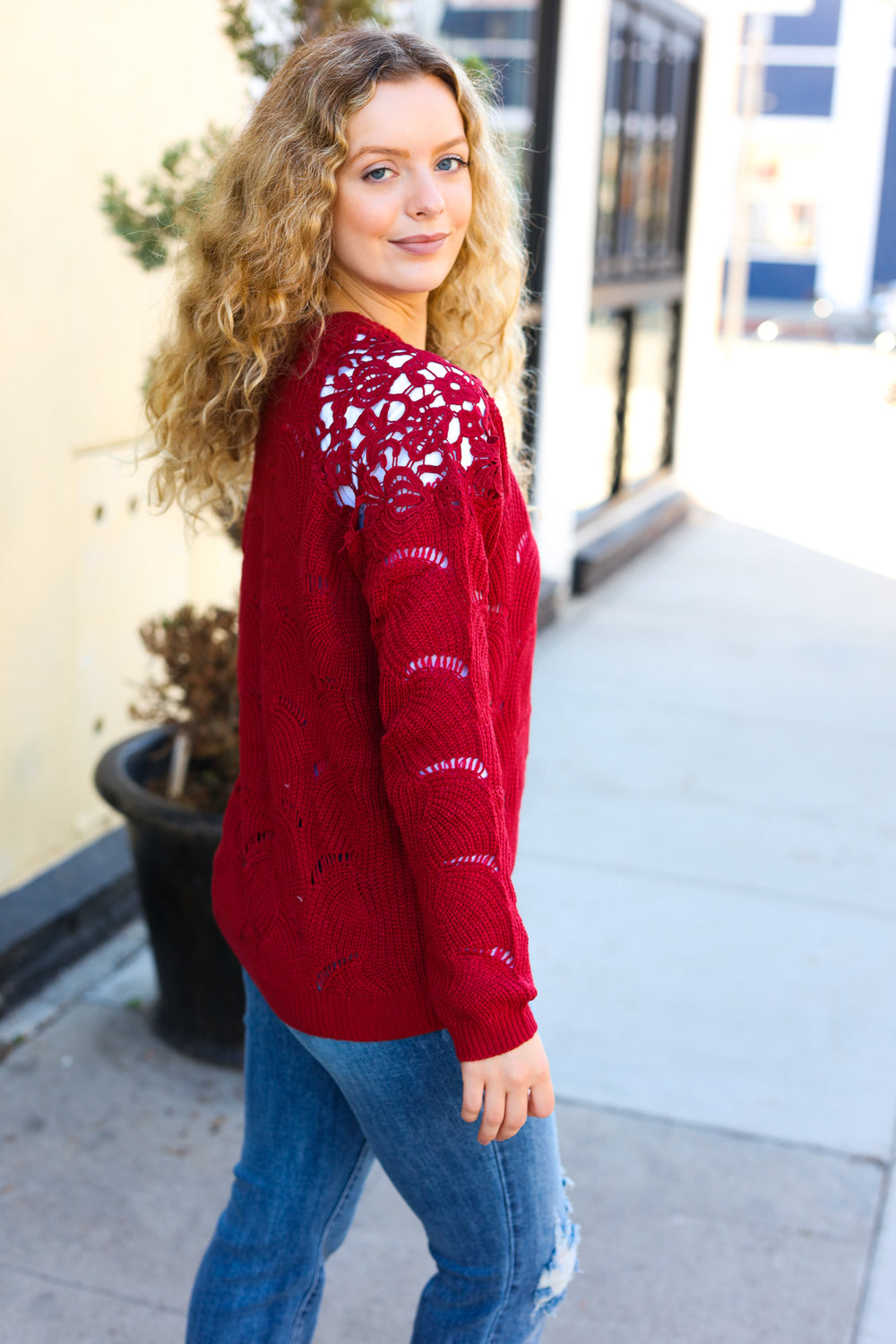 Lorena | Casual chic burgundy pointelle lace shoulder knit sweater