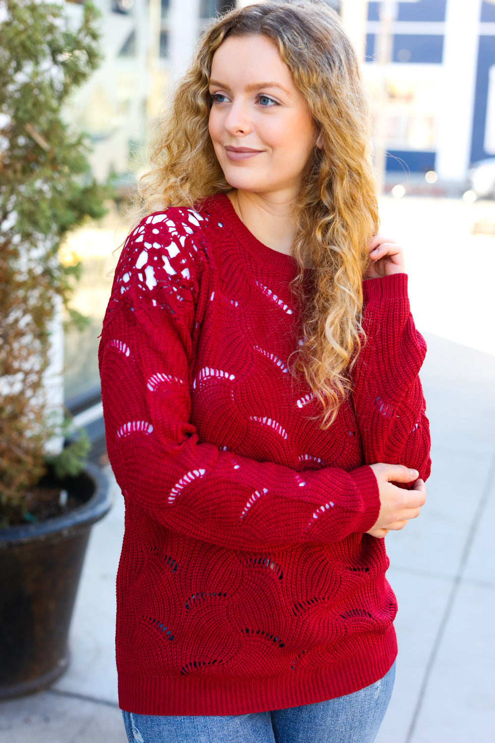 Lorena | Casual chic burgundy pointelle lace shoulder knit sweater