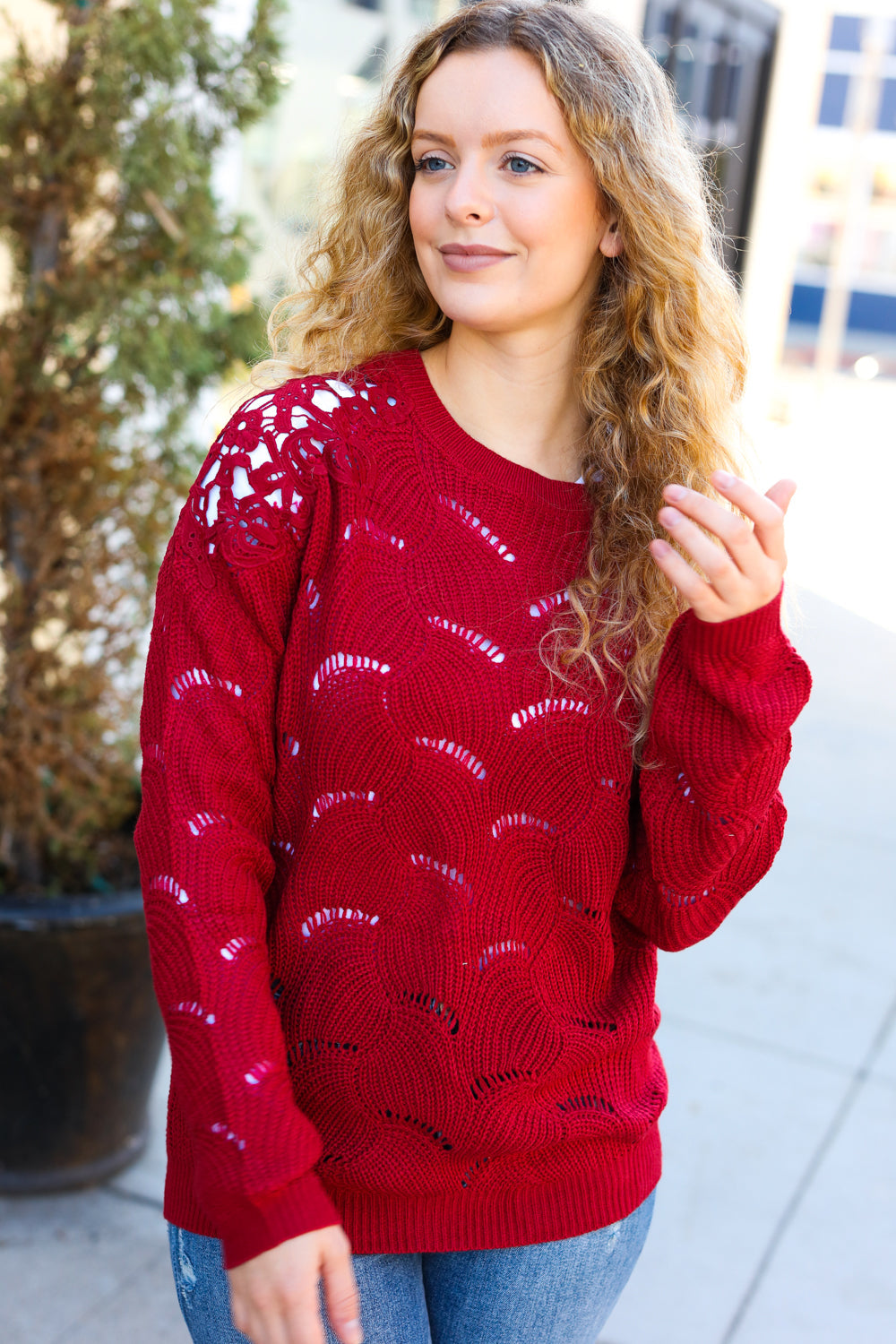 Lorena | Casual chic burgundy pointelle lace shoulder knit sweater