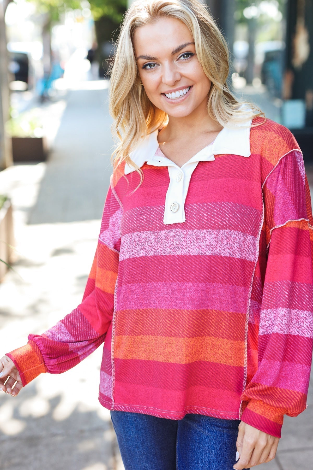 Vittoria | Be Bold Magenta striped button down collar top