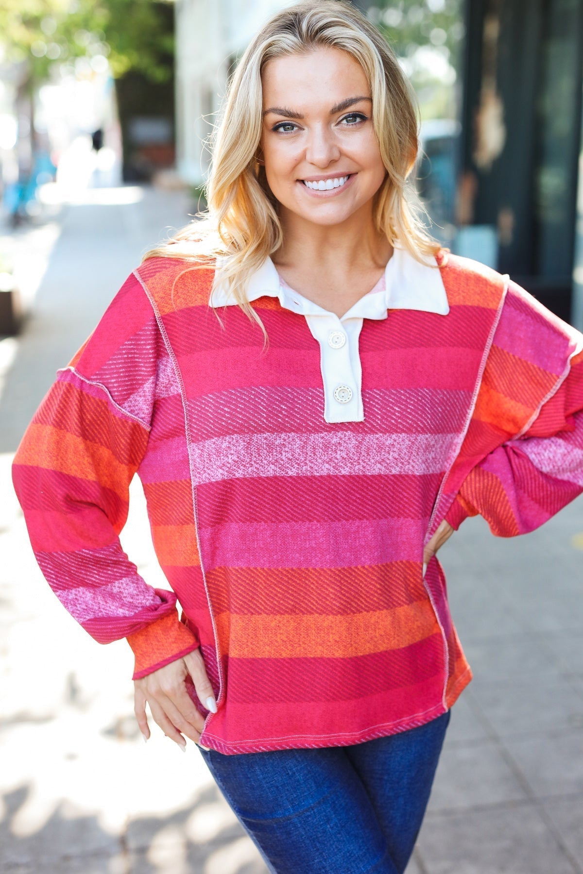 Vittoria | Be Bold Magenta striped button down collar top