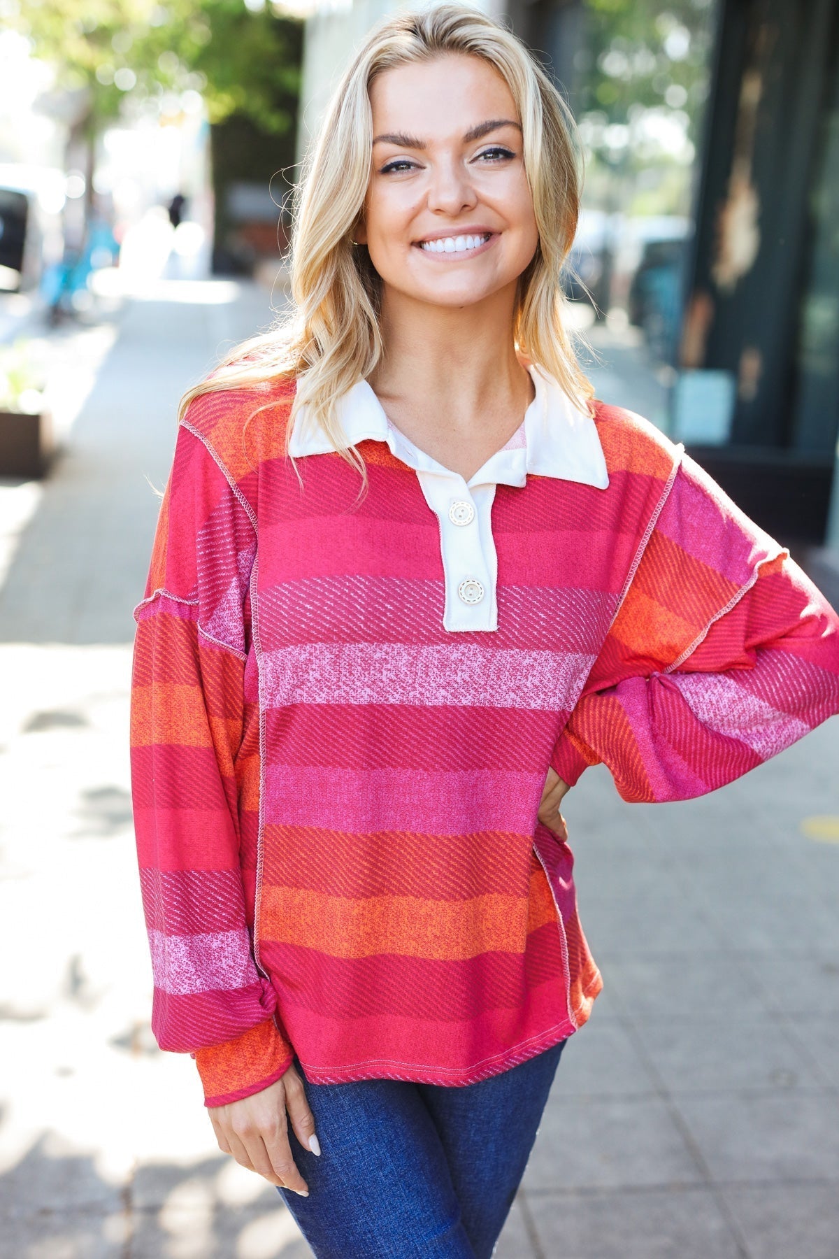 Vittoria | Be Bold Magenta striped button down collar top