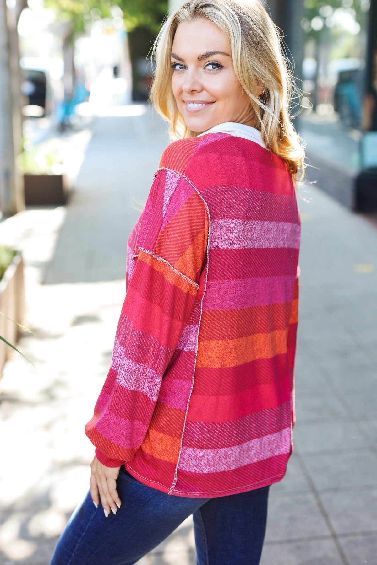 Vittoria | Be Bold Magenta striped button down collar top