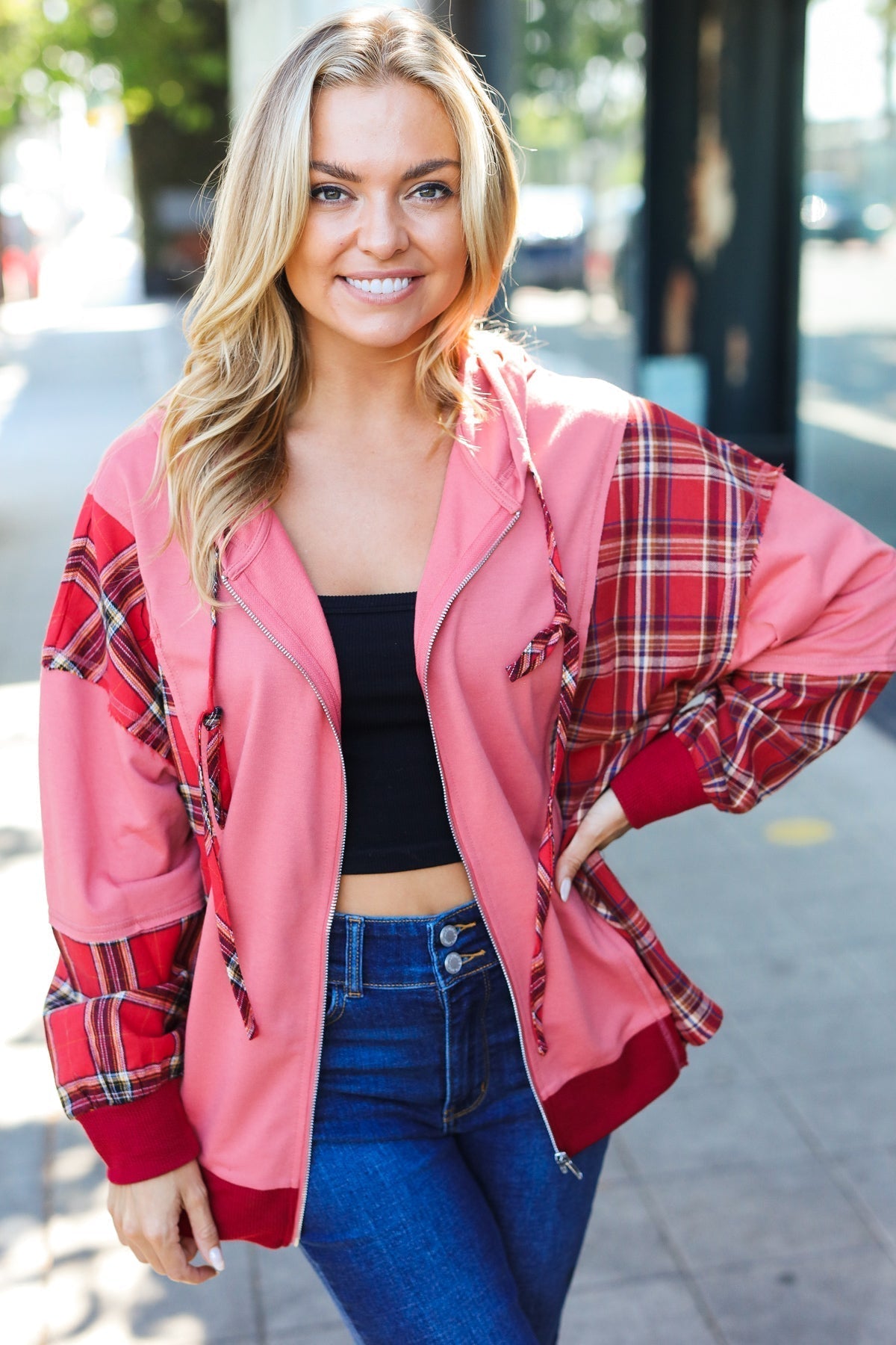 Aneta | Adorable marsala check French terry hoodie with color block zip fastening