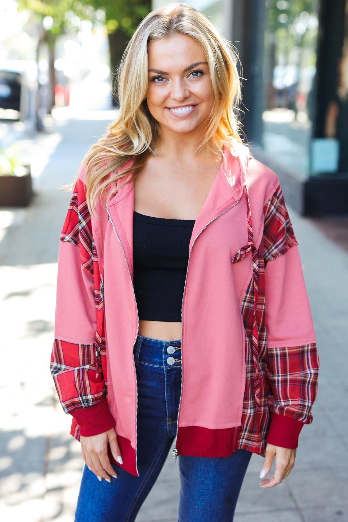 Aneta | Adorable marsala check French terry hoodie with color block zip fastening