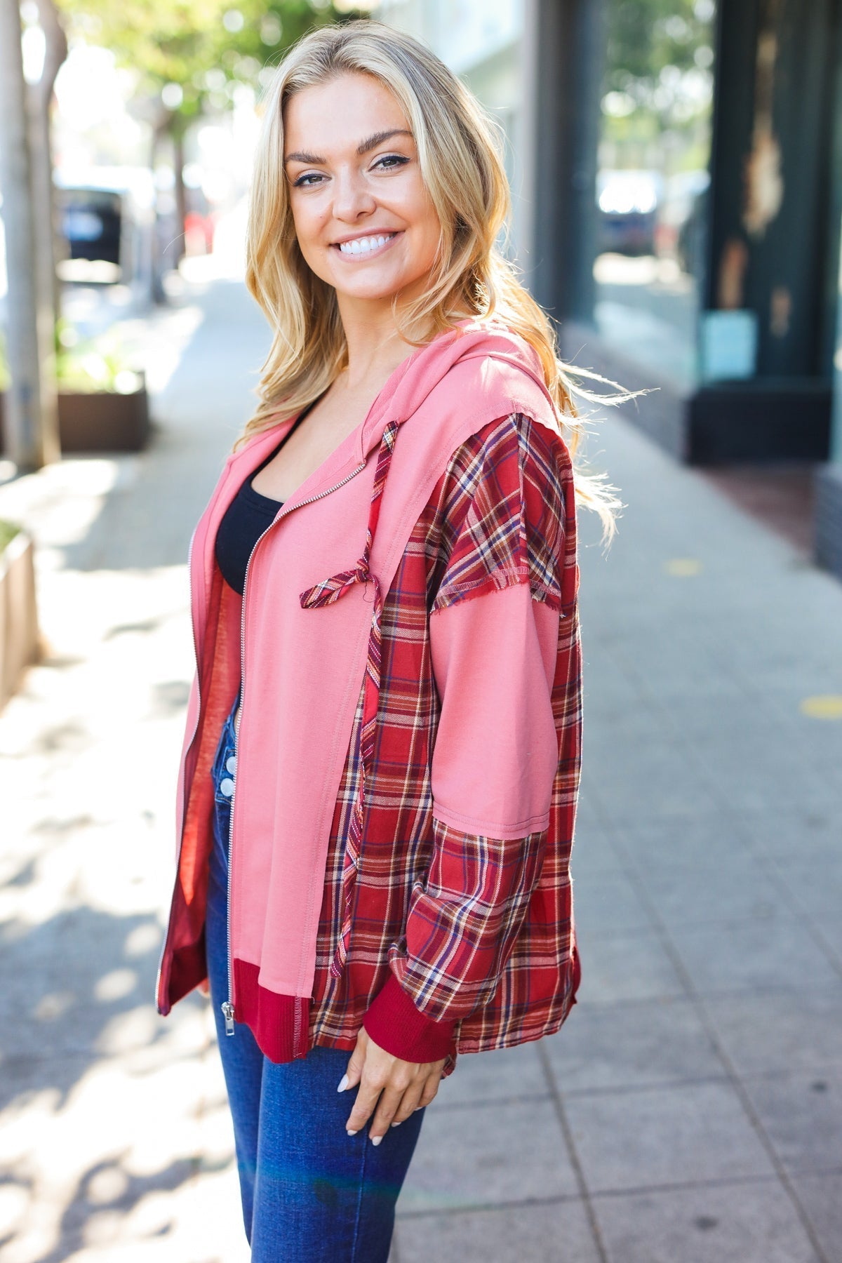 Aneta | Adorable marsala check French terry hoodie with color block zip fastening