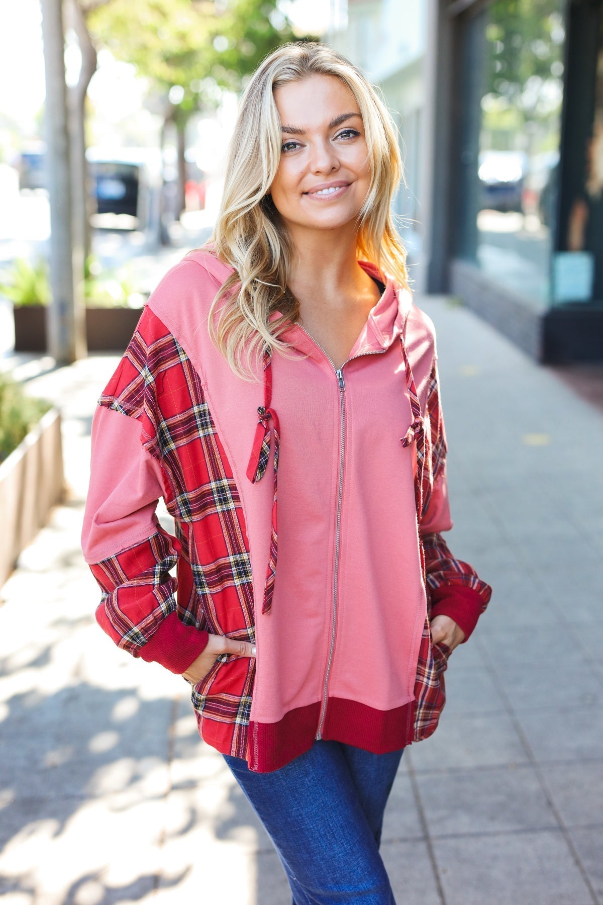 Aneta | Adorable marsala check French terry hoodie with color block zip fastening