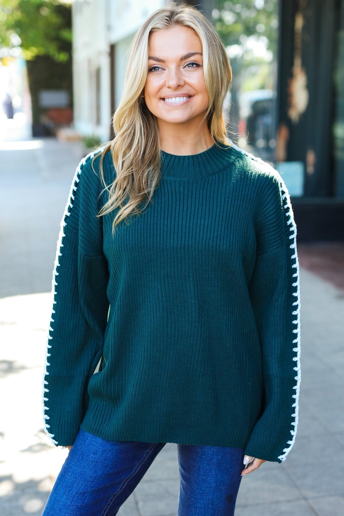 Paulina | Fall Vibes Hunter Green rib knit sweater with large stitches