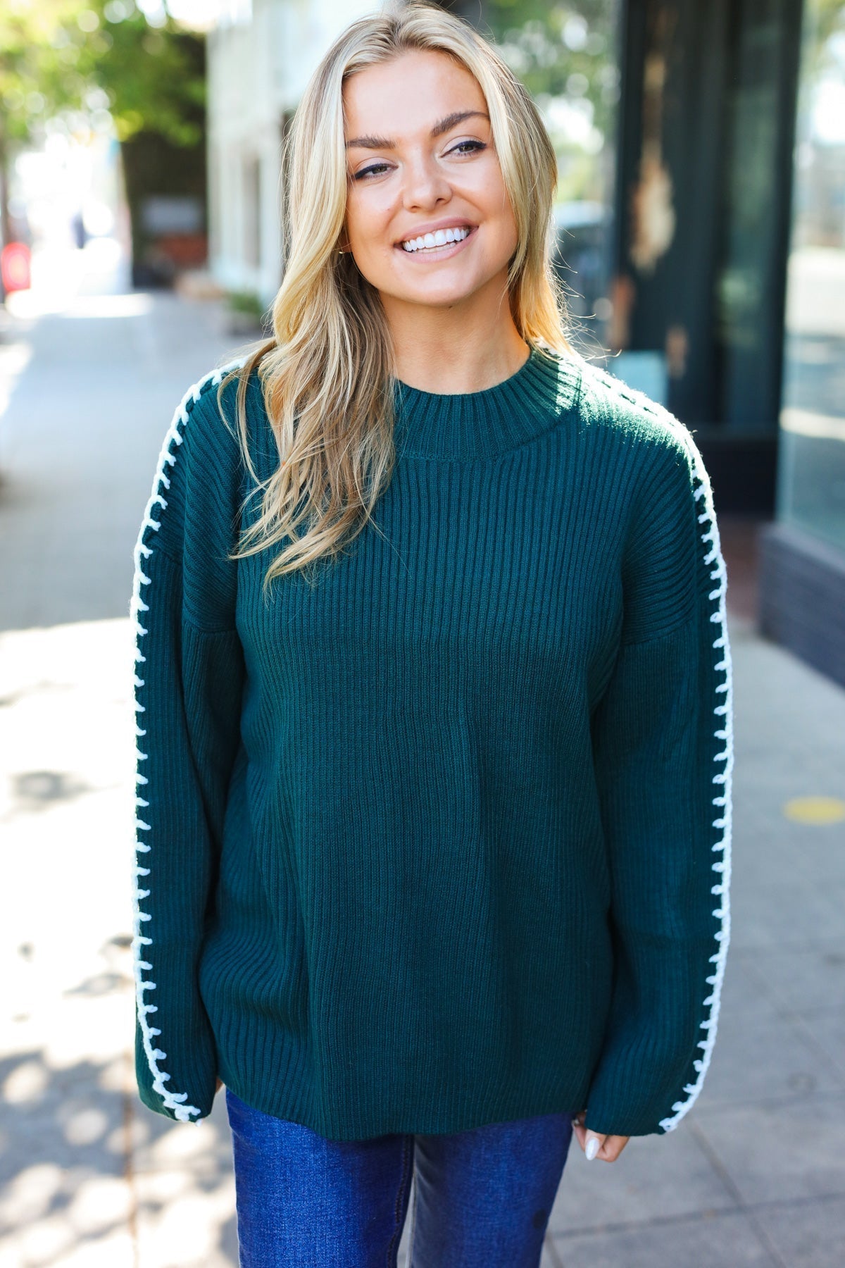 Paulina | Fall Vibes Hunter Green rib knit sweater with large stitches