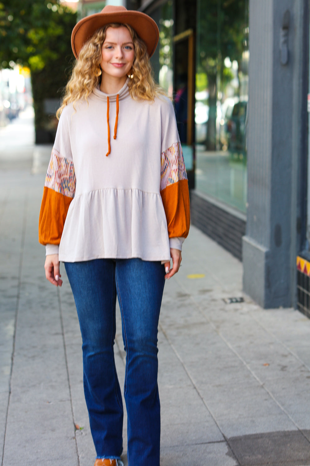 Claudia | Babydoll terry turtleneck top in taupe and rust