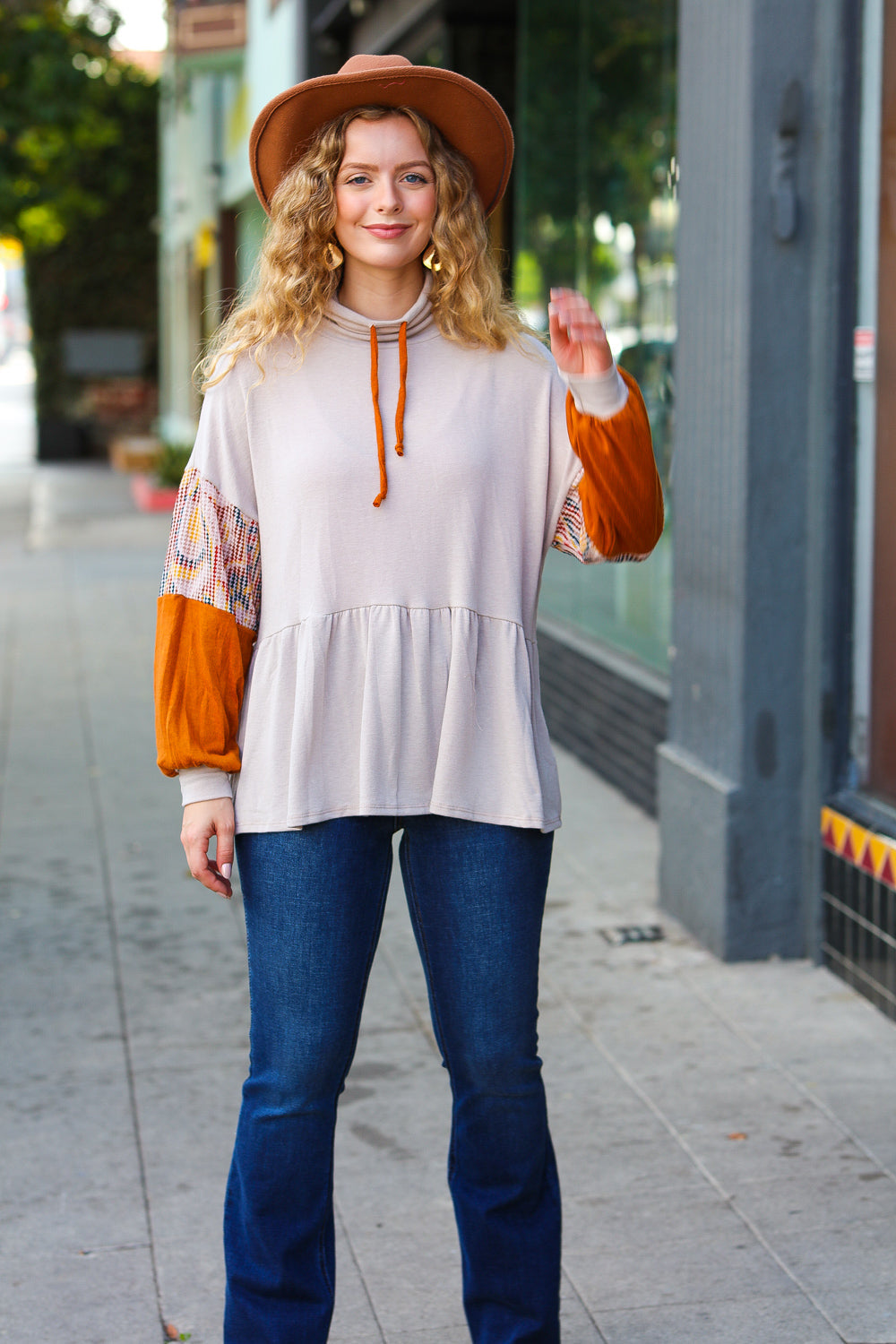 Claudia | Babydoll terry turtleneck top in taupe and rust