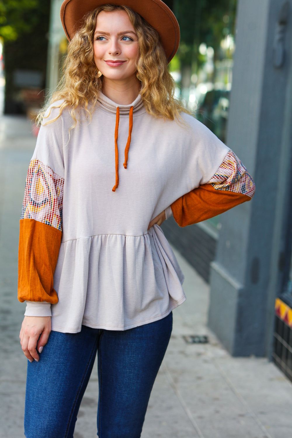 Claudia | Babydoll terry turtleneck top in taupe and rust