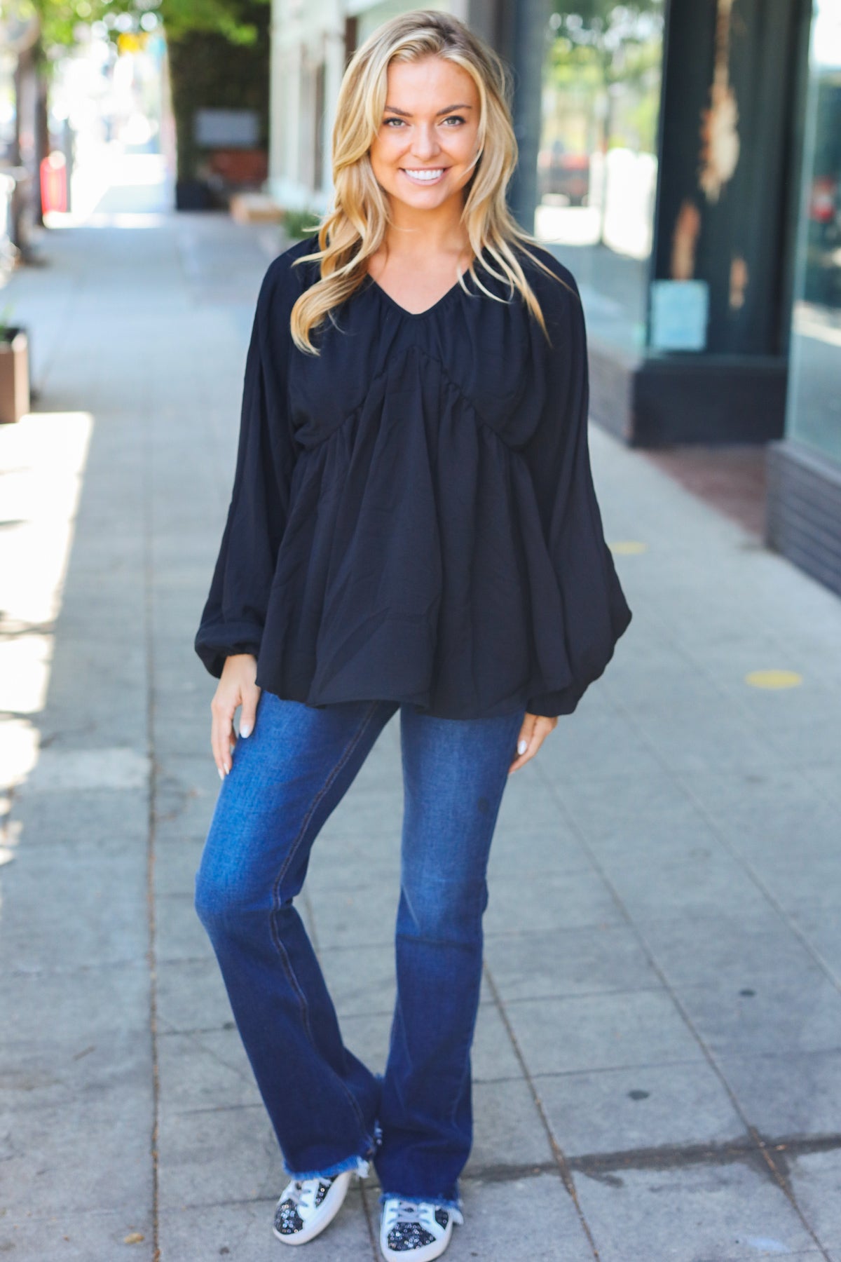 Alessa | Black plain woven V-neck babydoll top