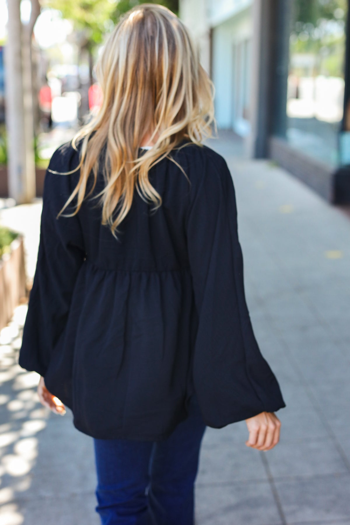 Alessa | Black plain woven V-neck babydoll top