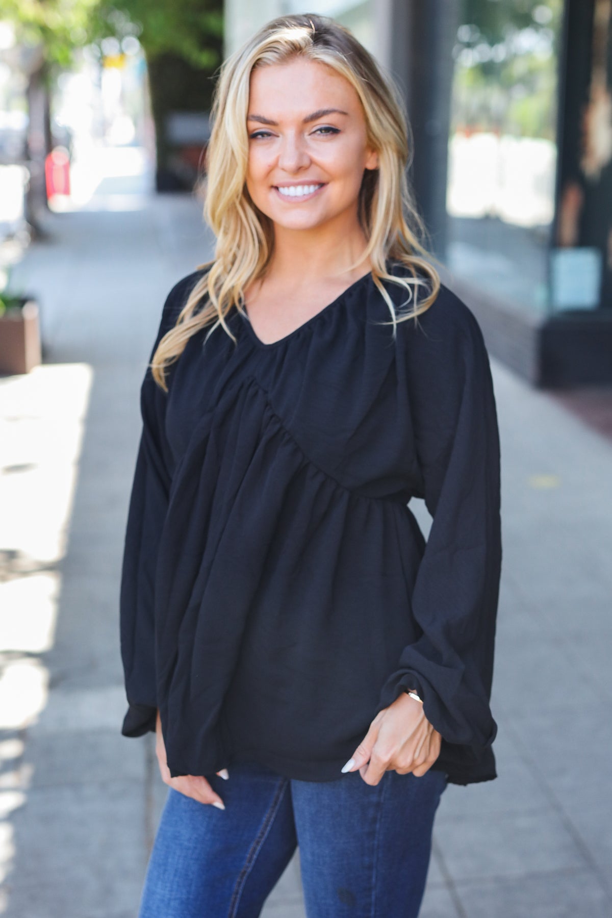 Alessa | Black plain woven V-neck babydoll top