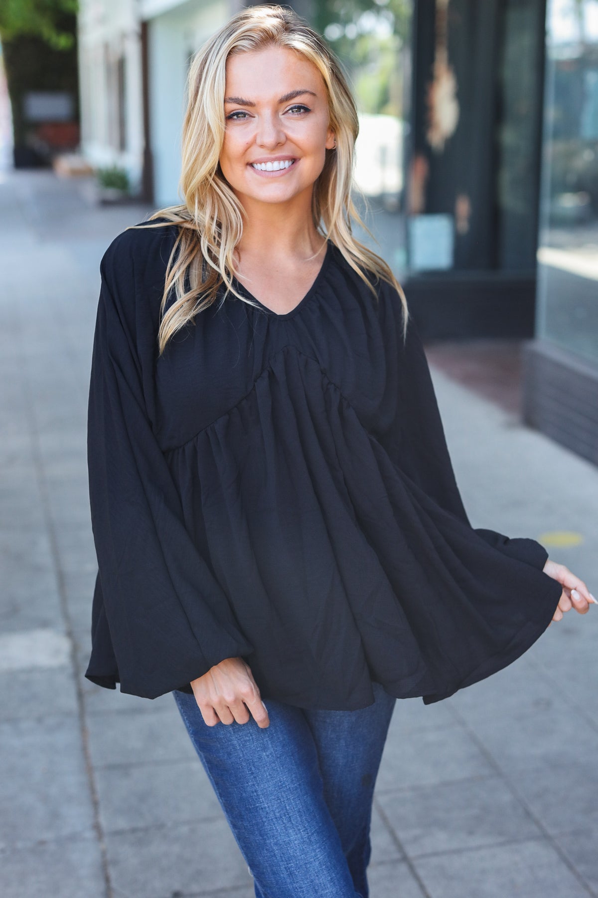 Alessa | Black plain woven V-neck babydoll top