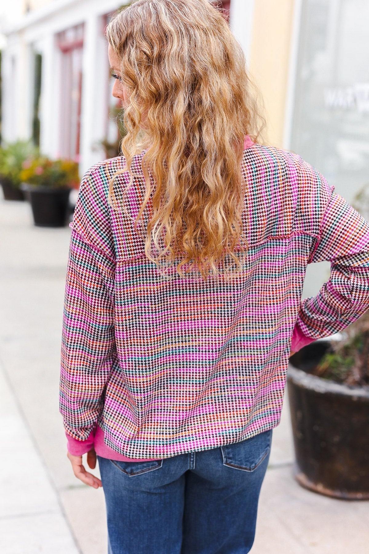 Olivia | Bring Joy Magenta Multicolor Textured Waffle Knit Sweater