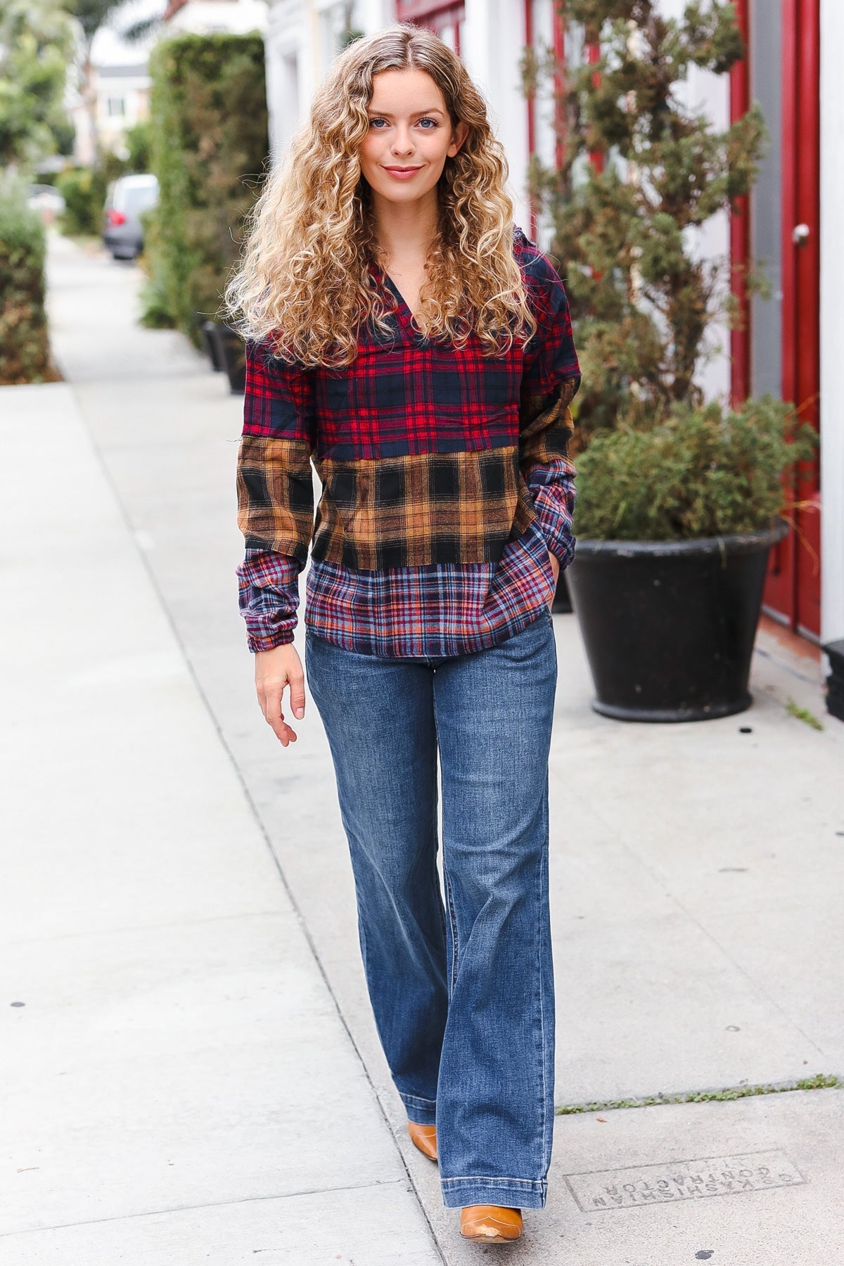 Natalia | Holiday-ready red and mustard check flannel hoodie with a notched neckline