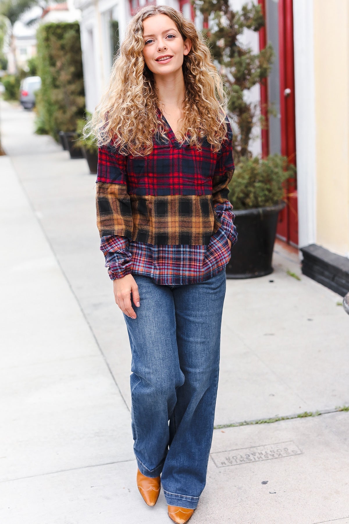 Natalia | Holiday-ready red and mustard check flannel hoodie with a notched neckline