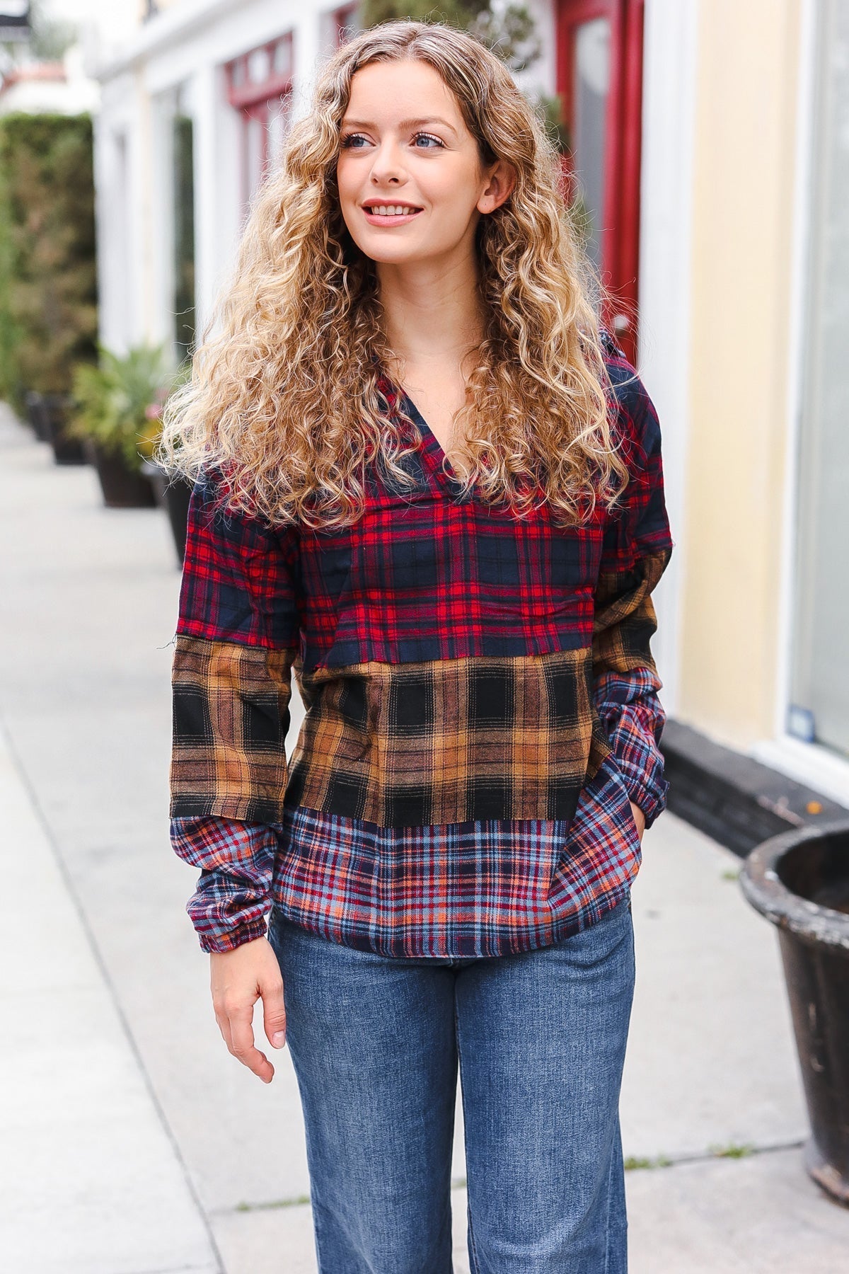 Natalia | Holiday-ready red and mustard check flannel hoodie with a notched neckline