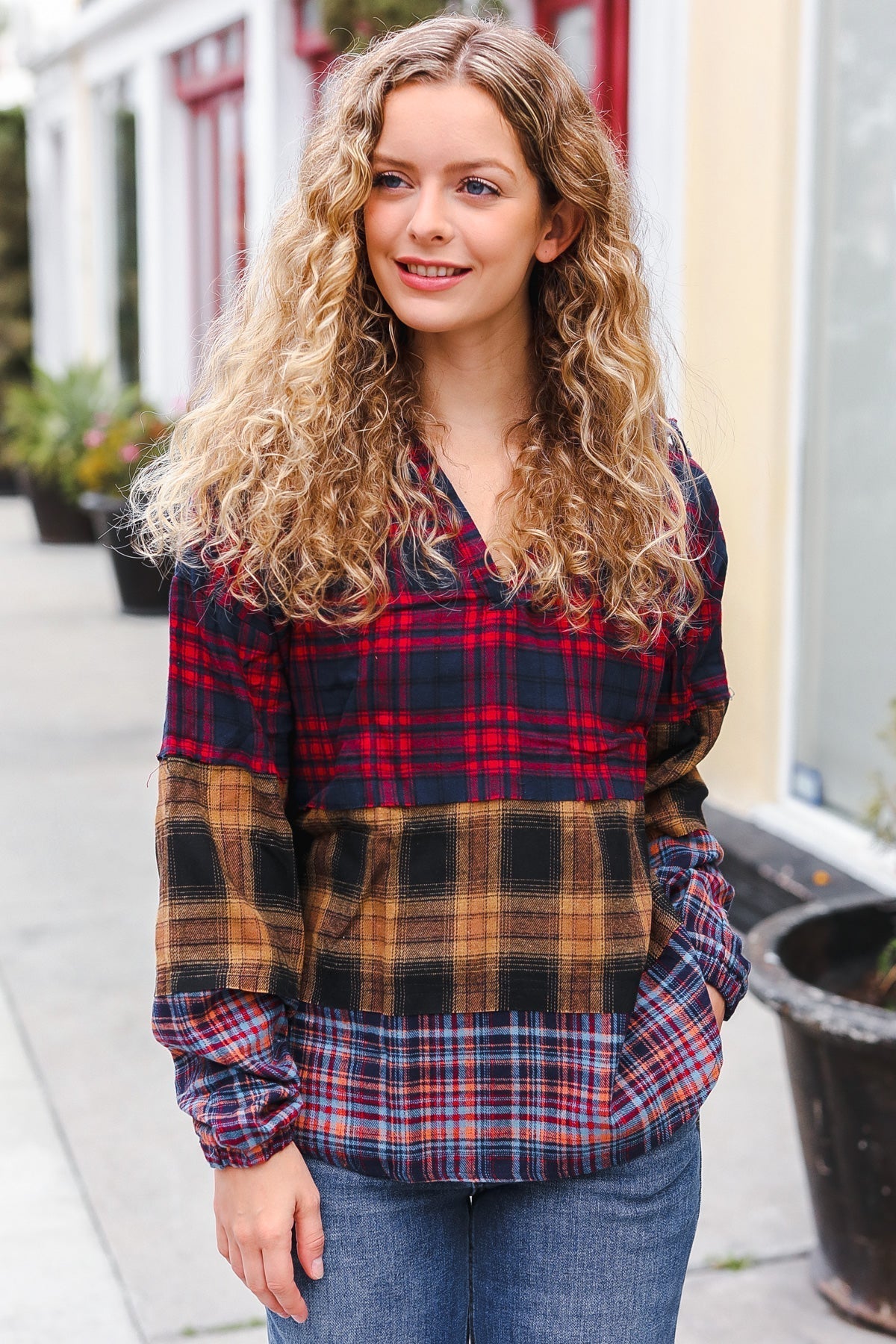 Natalia | Holiday-ready red and mustard check flannel hoodie with a notched neckline