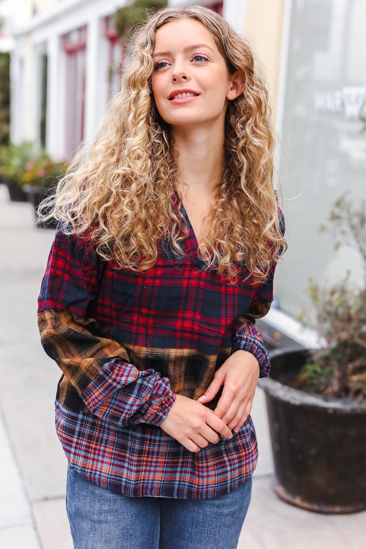 Natalia | Holiday-ready red and mustard check flannel hoodie with a notched neckline