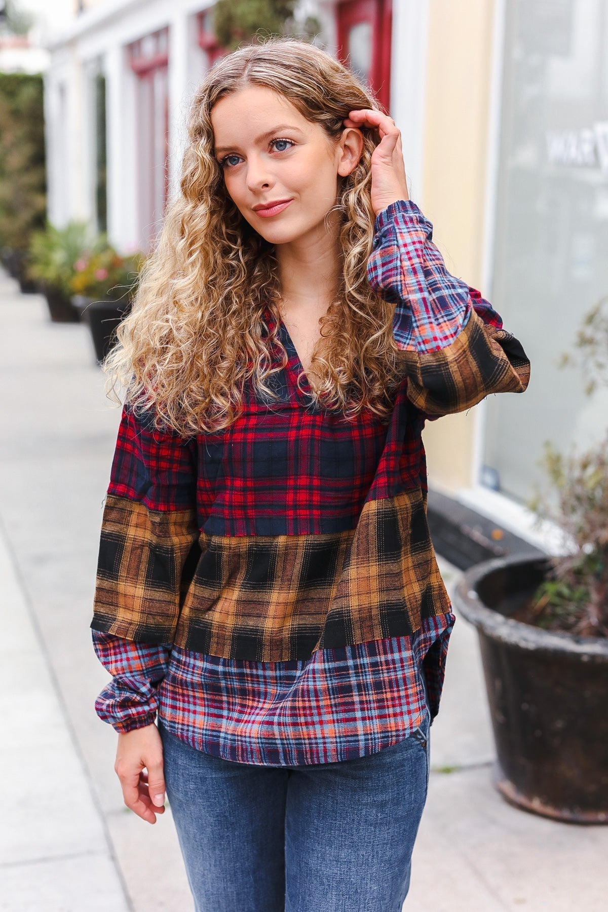 Natalia | Holiday-ready red and mustard check flannel hoodie with a notched neckline