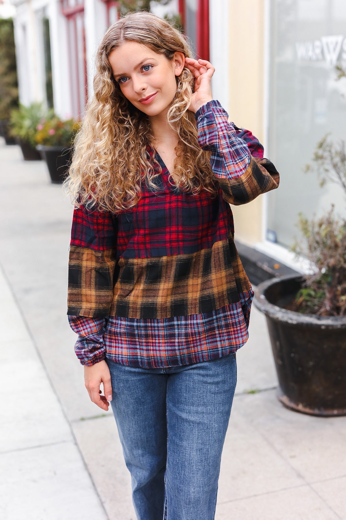 Natalia | Holiday-ready red and mustard check flannel hoodie with a notched neckline