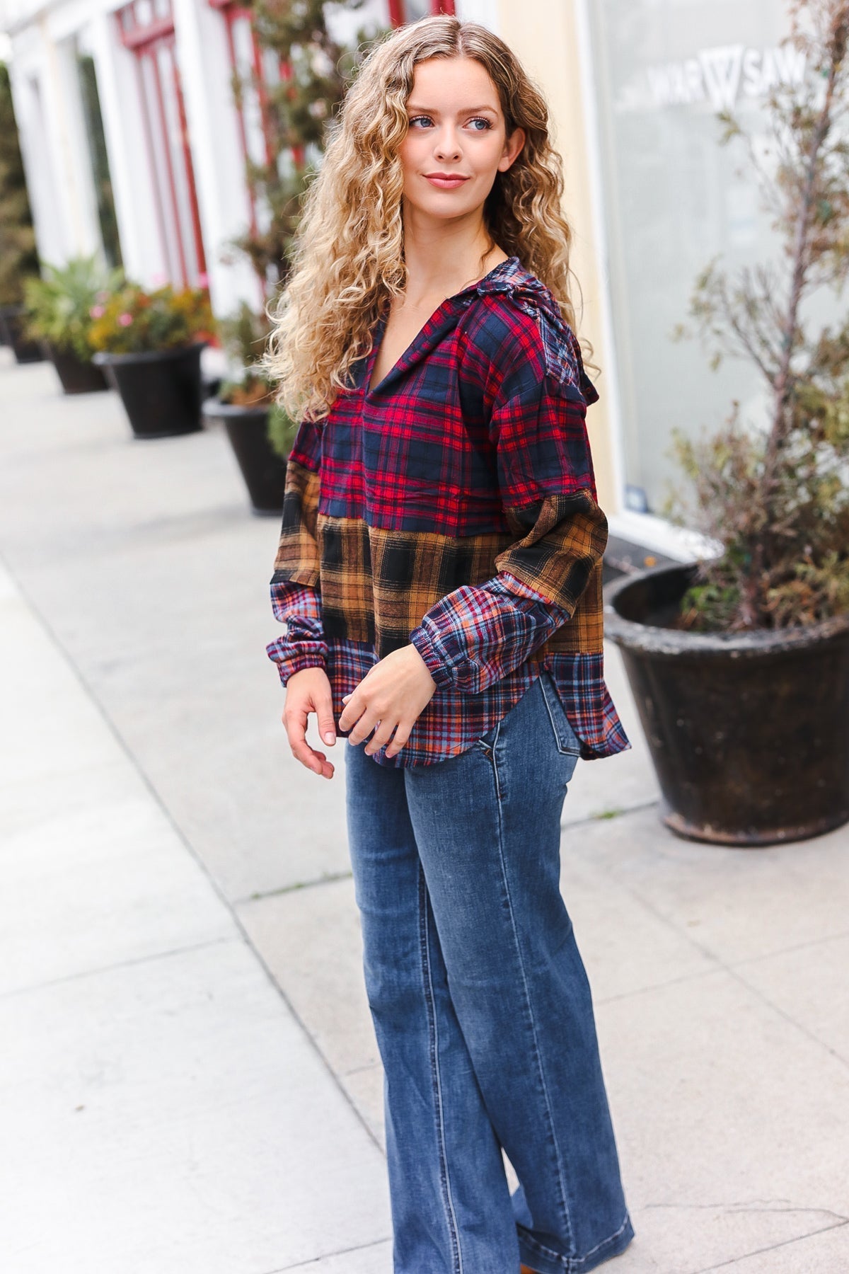 Natalia | Holiday-ready red and mustard check flannel hoodie with a notched neckline