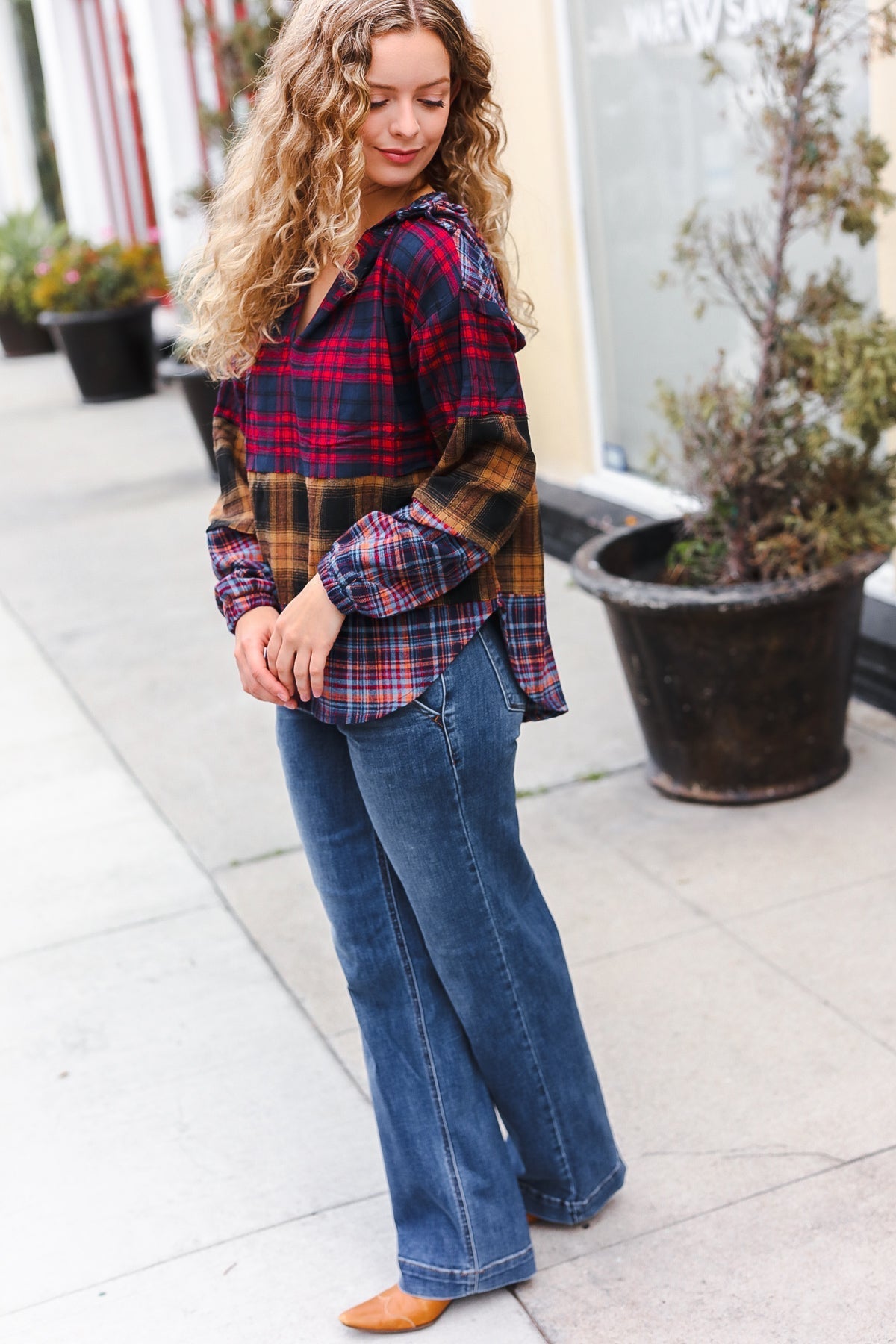 Natalia | Holiday-ready red and mustard check flannel hoodie with a notched neckline