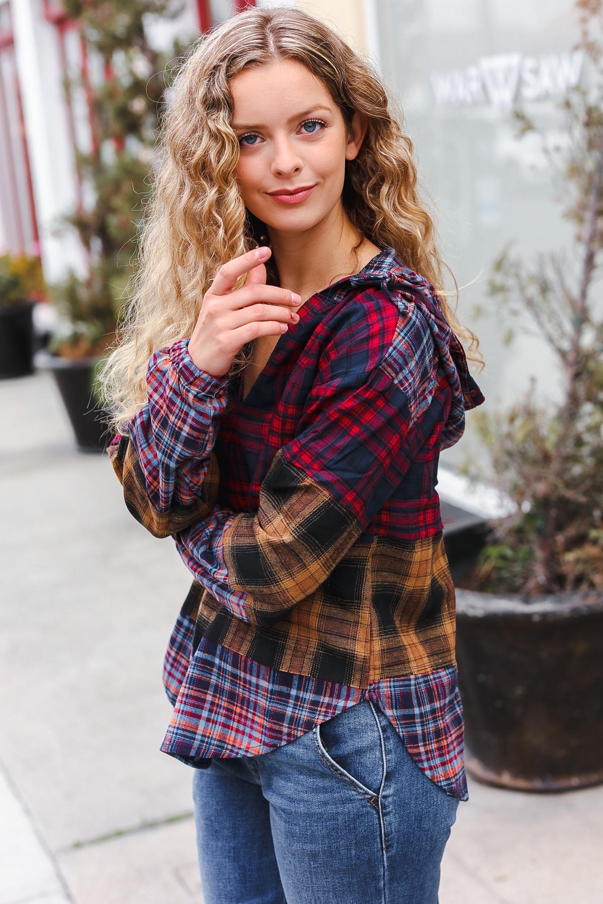 Natalia | Holiday-ready red and mustard check flannel hoodie with a notched neckline