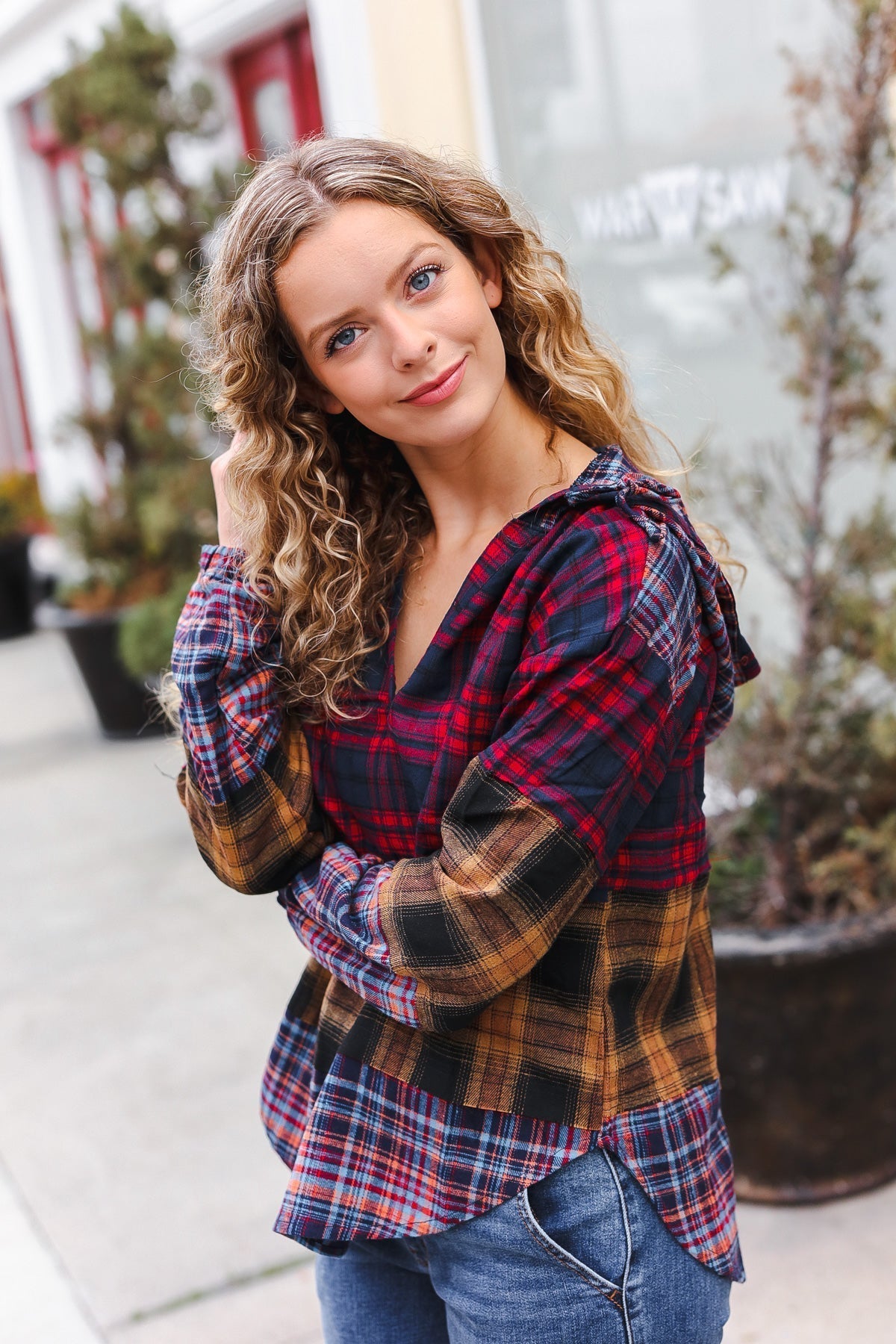 Natalia | Holiday-ready red and mustard check flannel hoodie with a notched neckline