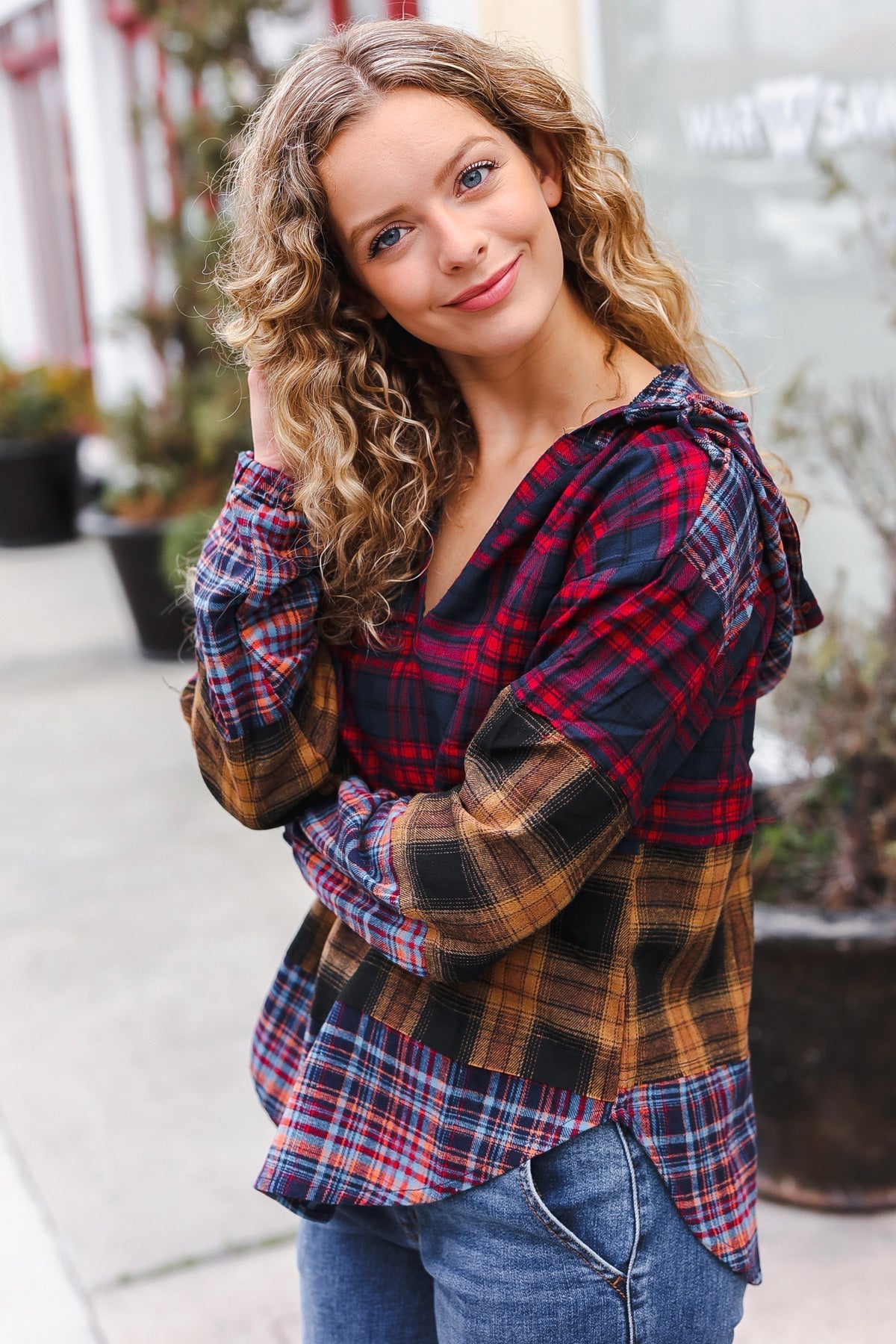 Natalia | Holiday-ready red and mustard check flannel hoodie with a notched neckline