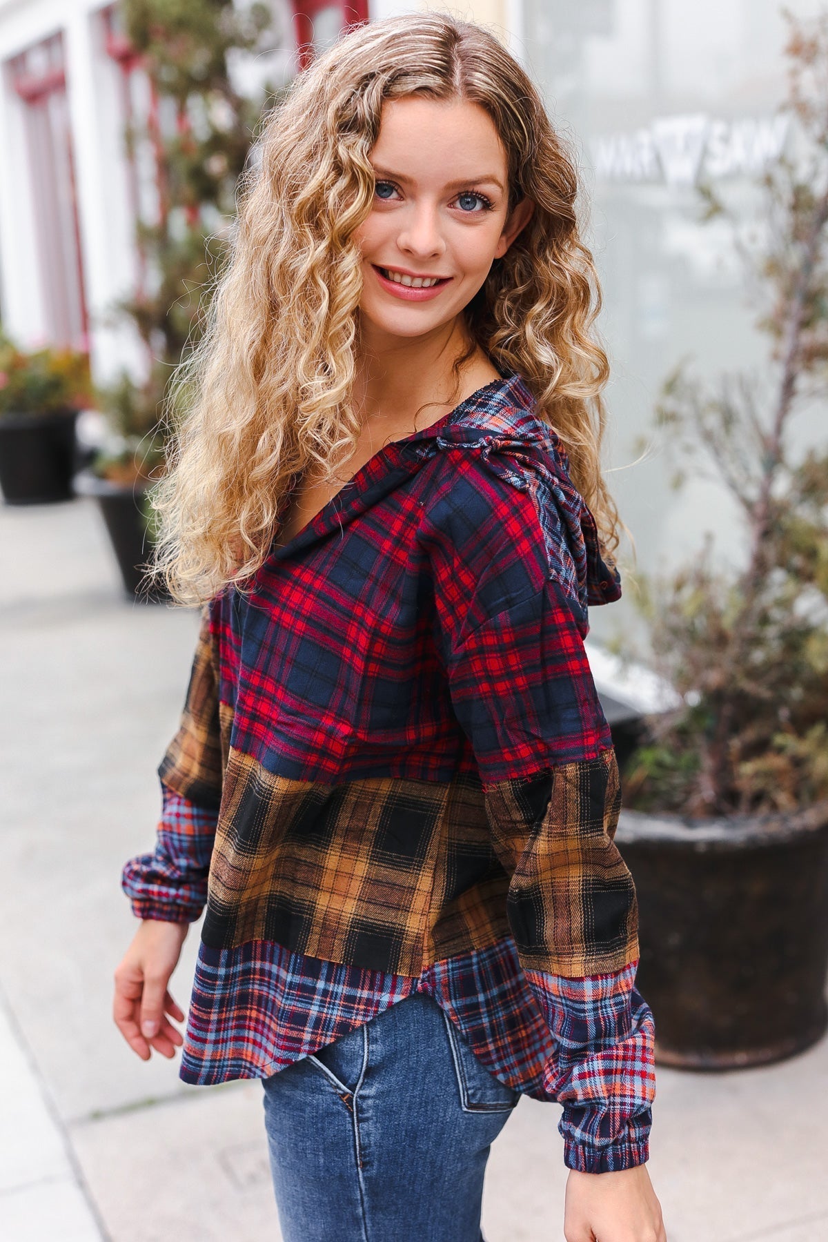 Natalia | Holiday-ready red and mustard check flannel hoodie with a notched neckline