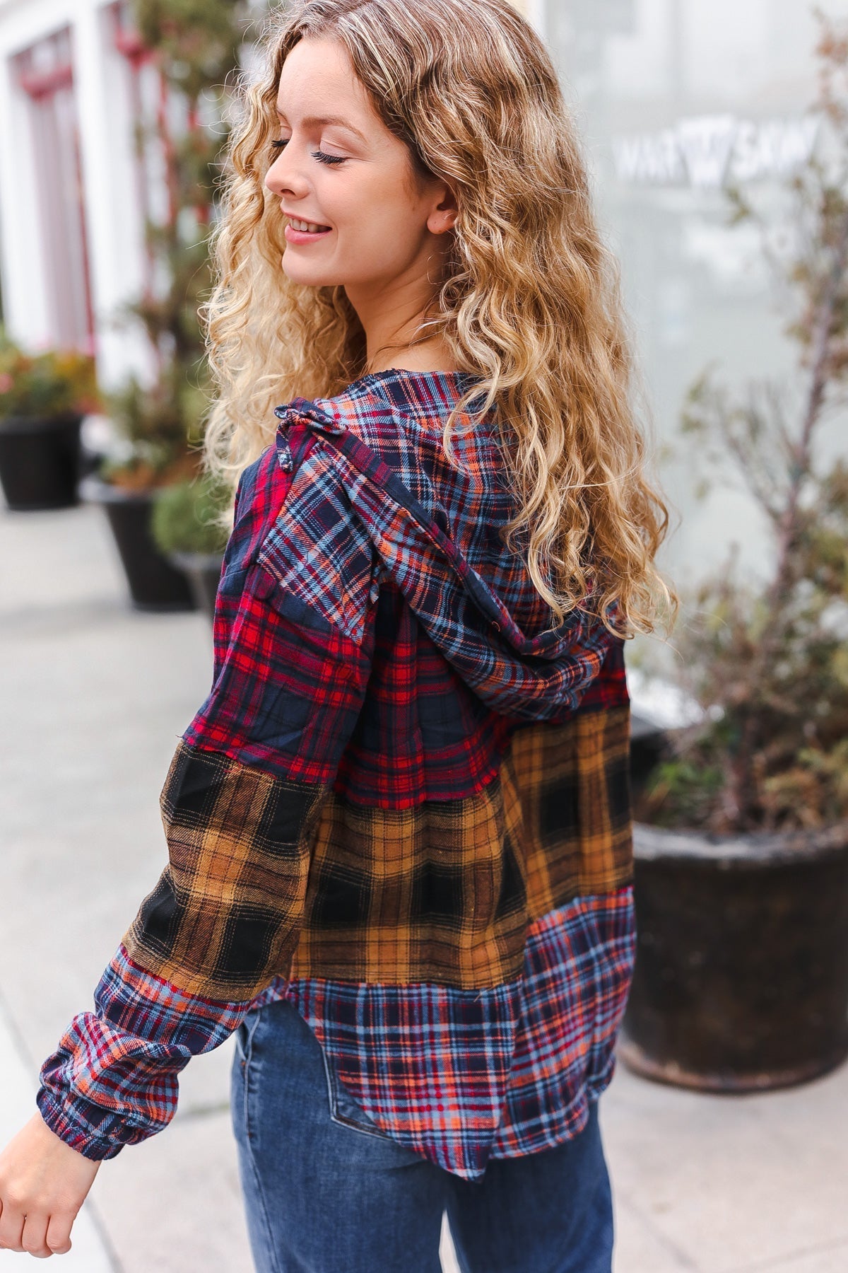 Natalia | Holiday-ready red and mustard check flannel hoodie with a notched neckline