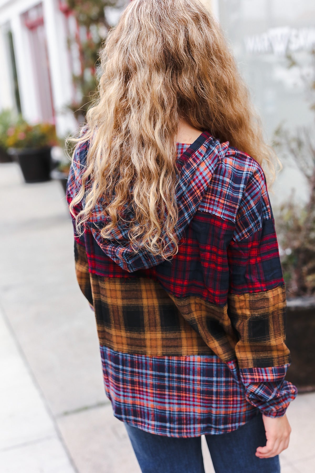 Natalia | Holiday-ready red and mustard check flannel hoodie with a notched neckline