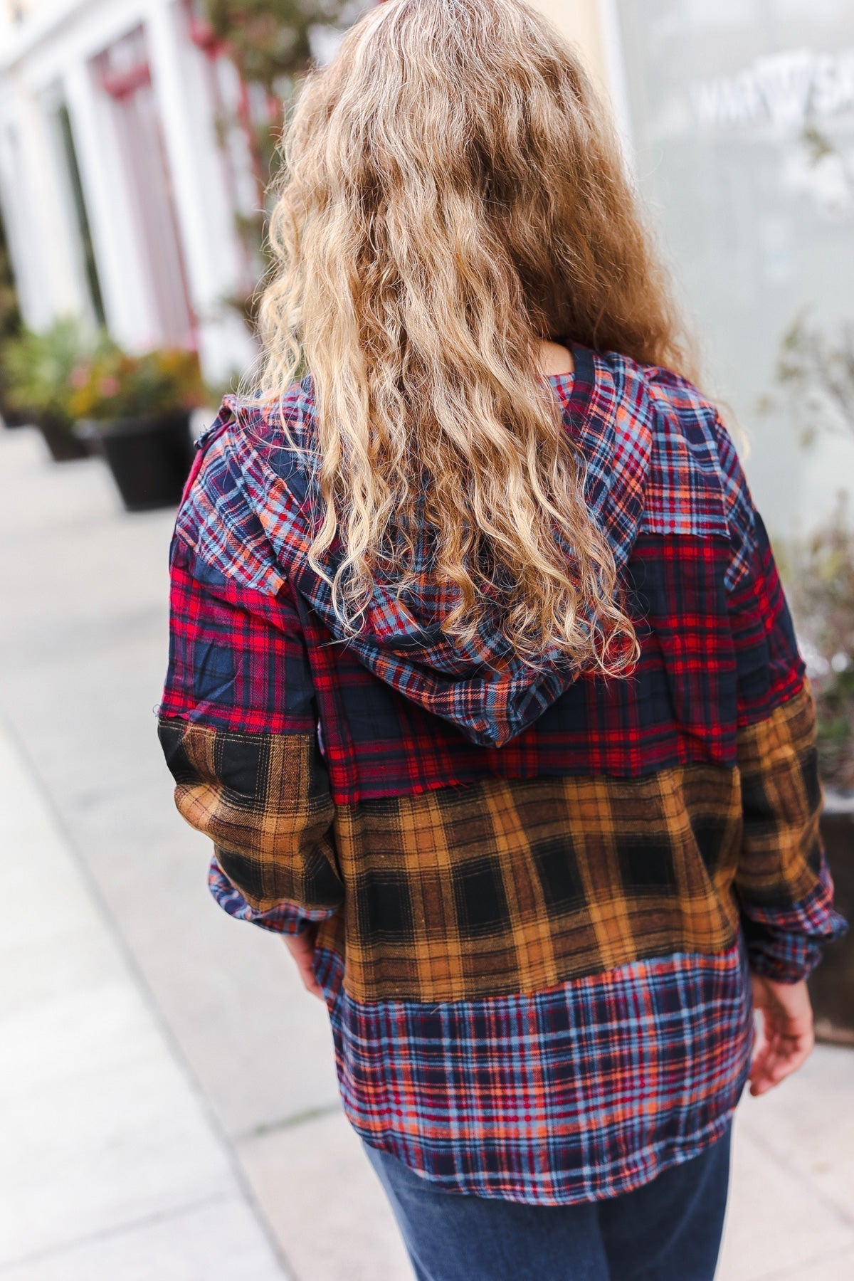 Natalia | Holiday-ready red and mustard check flannel hoodie with a notched neckline