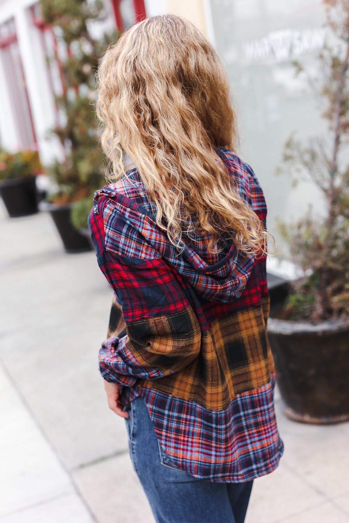 Natalia | Holiday-ready red and mustard check flannel hoodie with a notched neckline