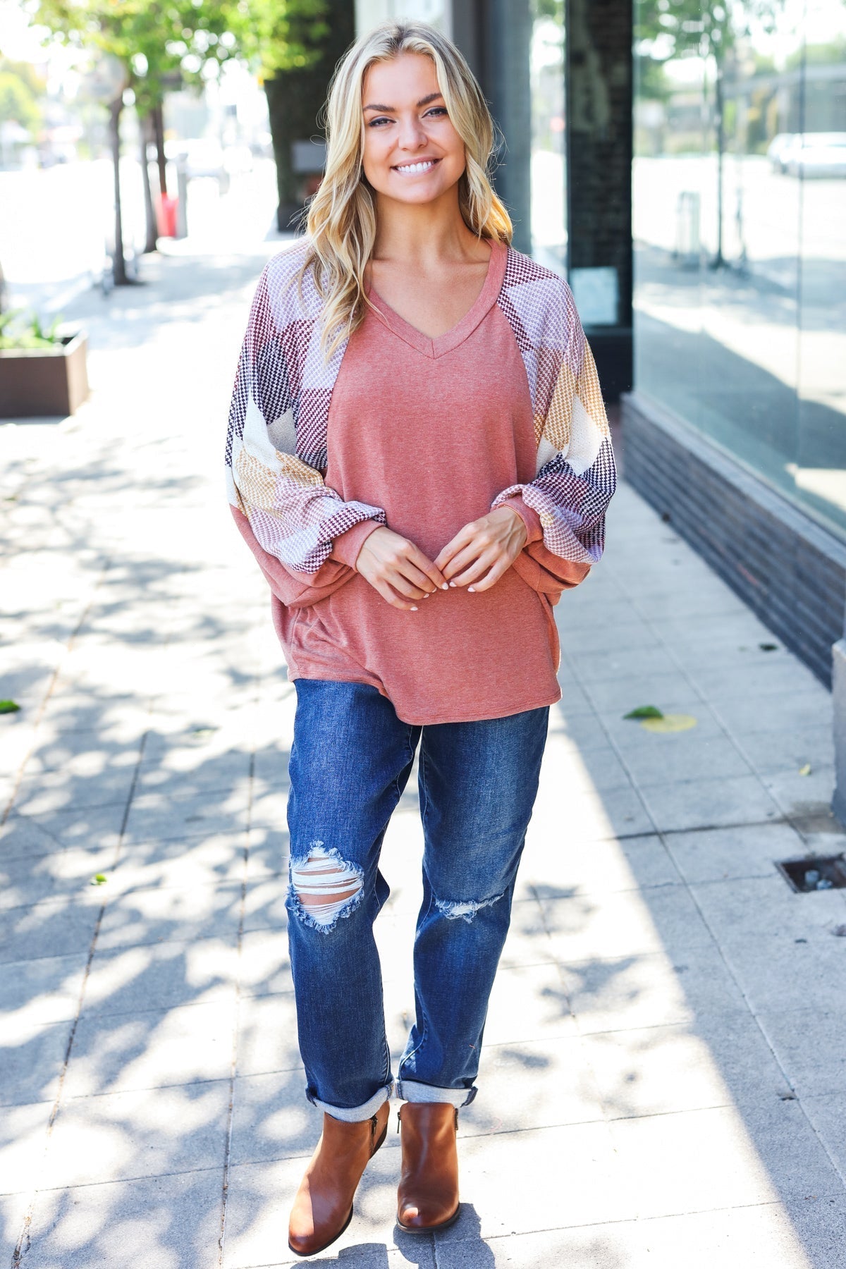 Larisa | Weekend Ready Rust Argyle V-Neck Dolman Top
