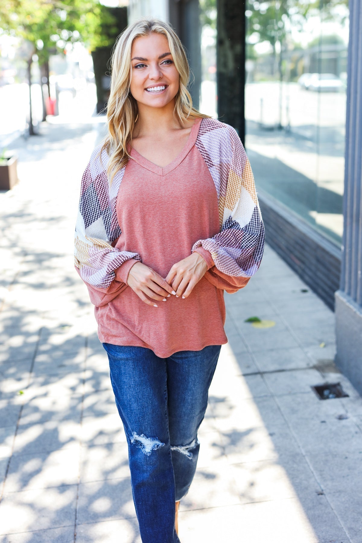 Larisa | Weekend Ready Rust Argyle V-Neck Dolman Top