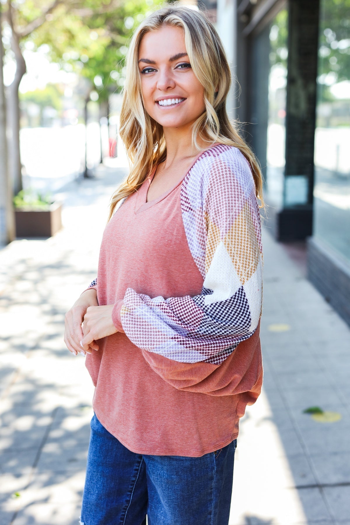 Larisa | Weekend Ready Rust Argyle V-Neck Dolman Top